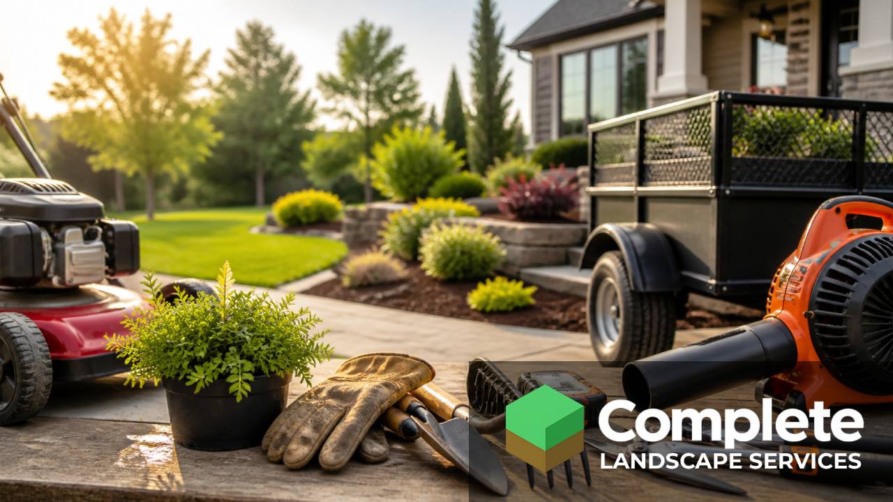 Mower, hand tools, gloves, blower, and a work trailer in front of a freshly landscaped home