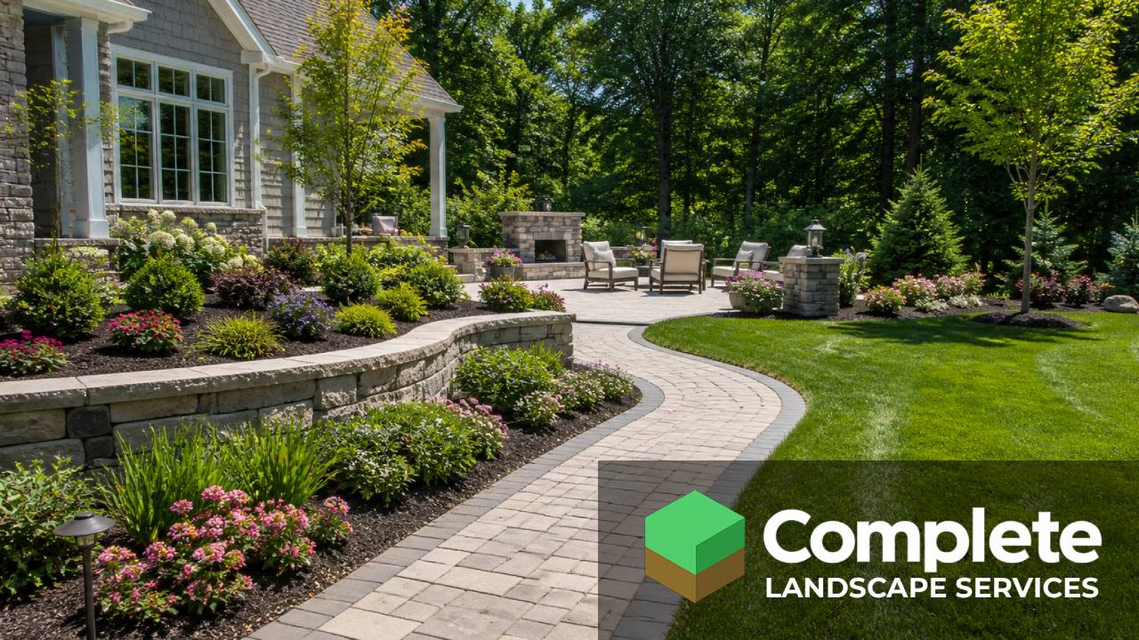 Professionally landscaped front yard with paver walkway, retaining wall, gardens, and a manicured lawn