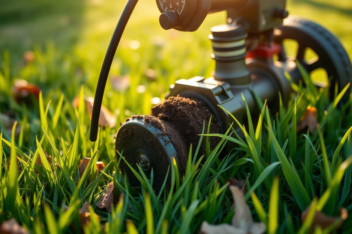 Core aerator pulling soil plugs from a healthy green lawn at sunrise