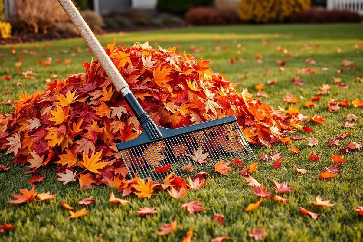 Rake and pile of orange autumn leaves on a manicured green lawn